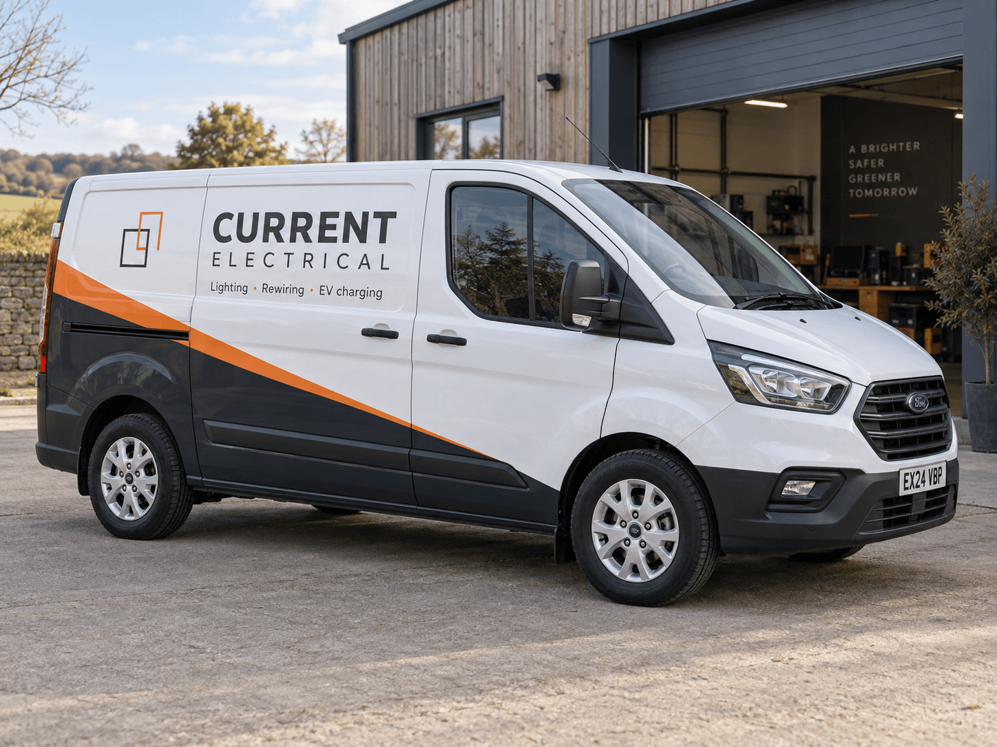 AI electrician van wrap concept for fictional Current Electrical with charcoal and orange panels