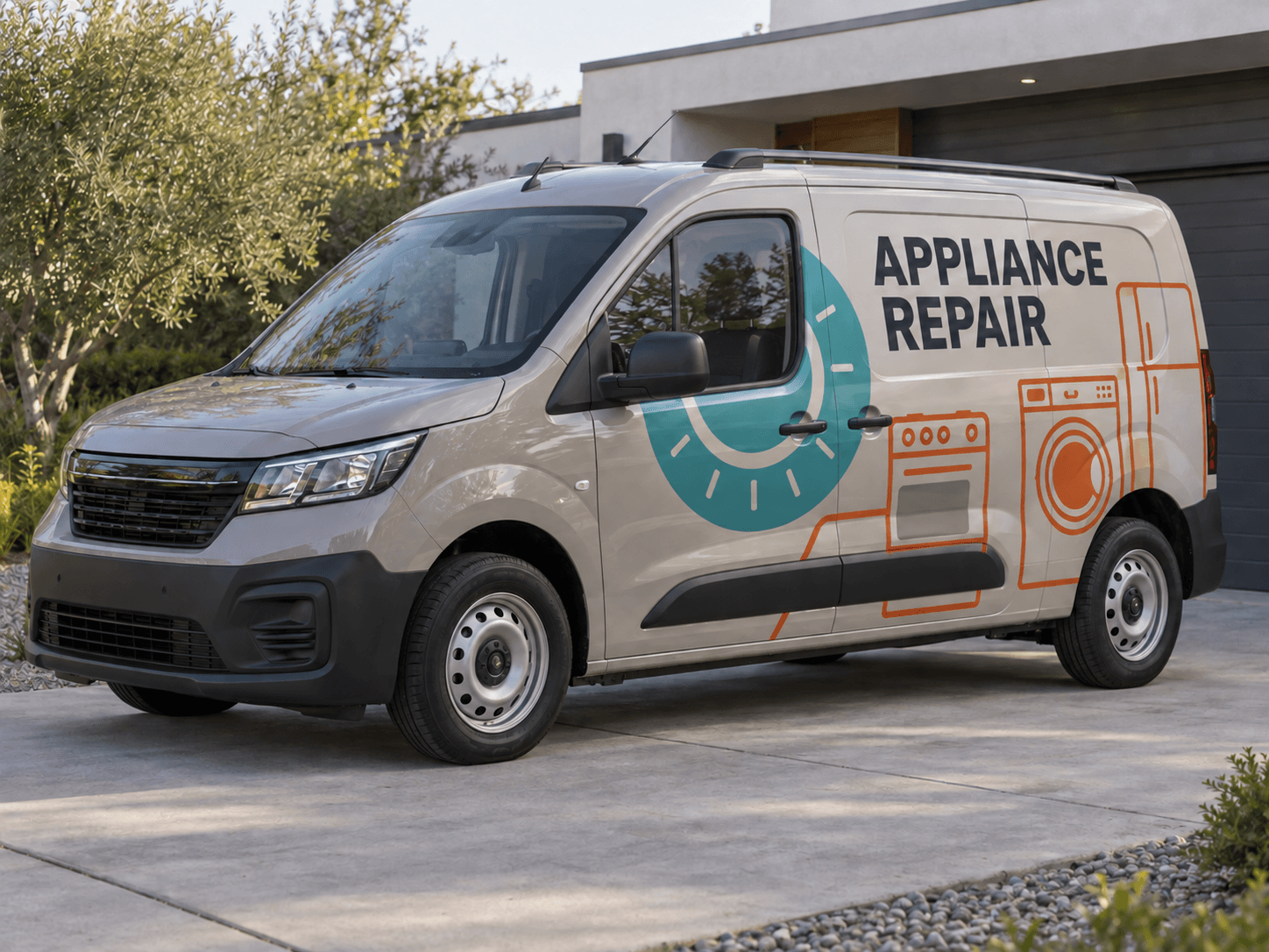 Original AI appliance repair van concept: dial & line; generic trade lettering, no business branding