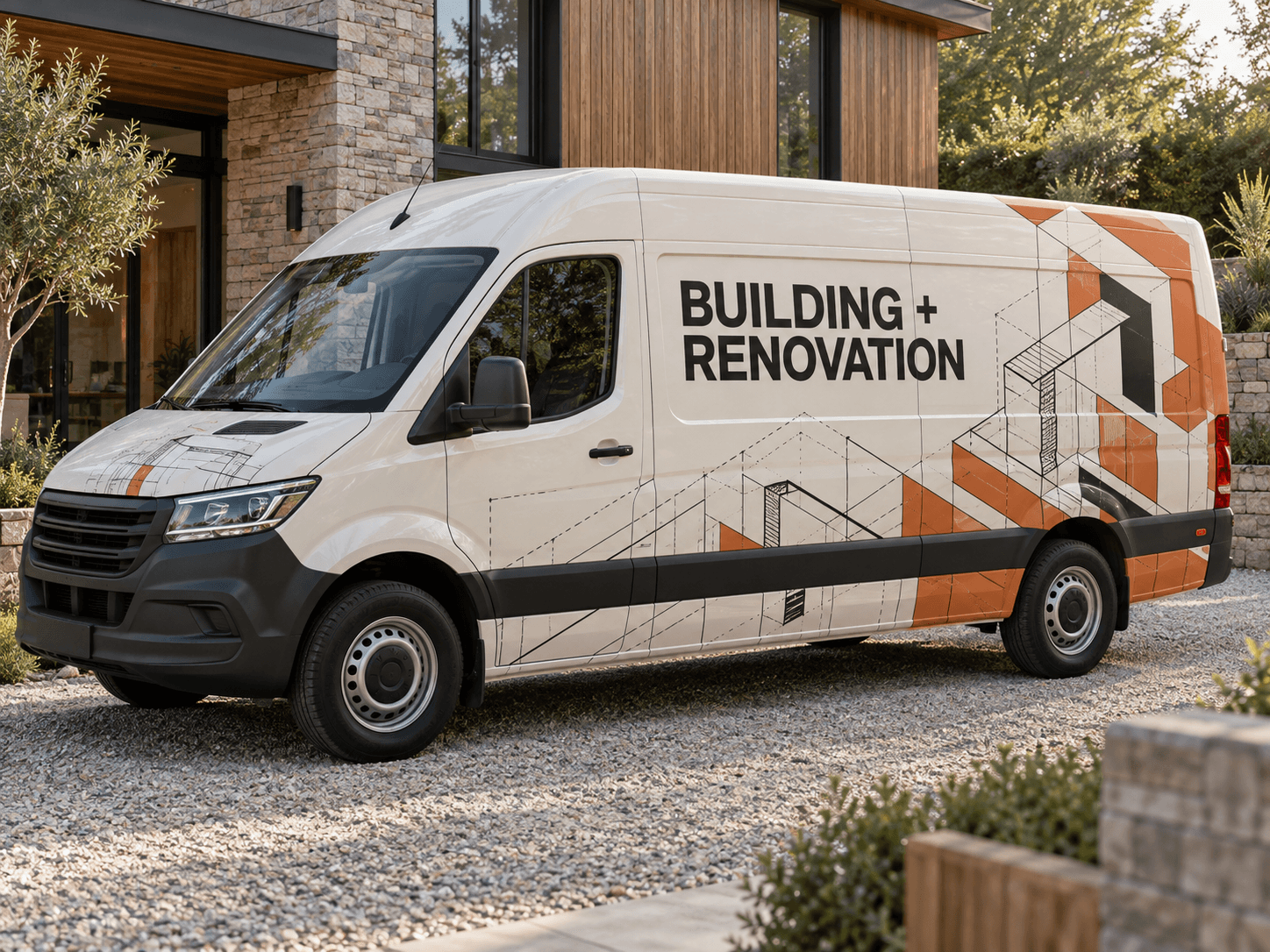 Original AI builders van concept: architectural blocks; generic trade lettering, no business branding