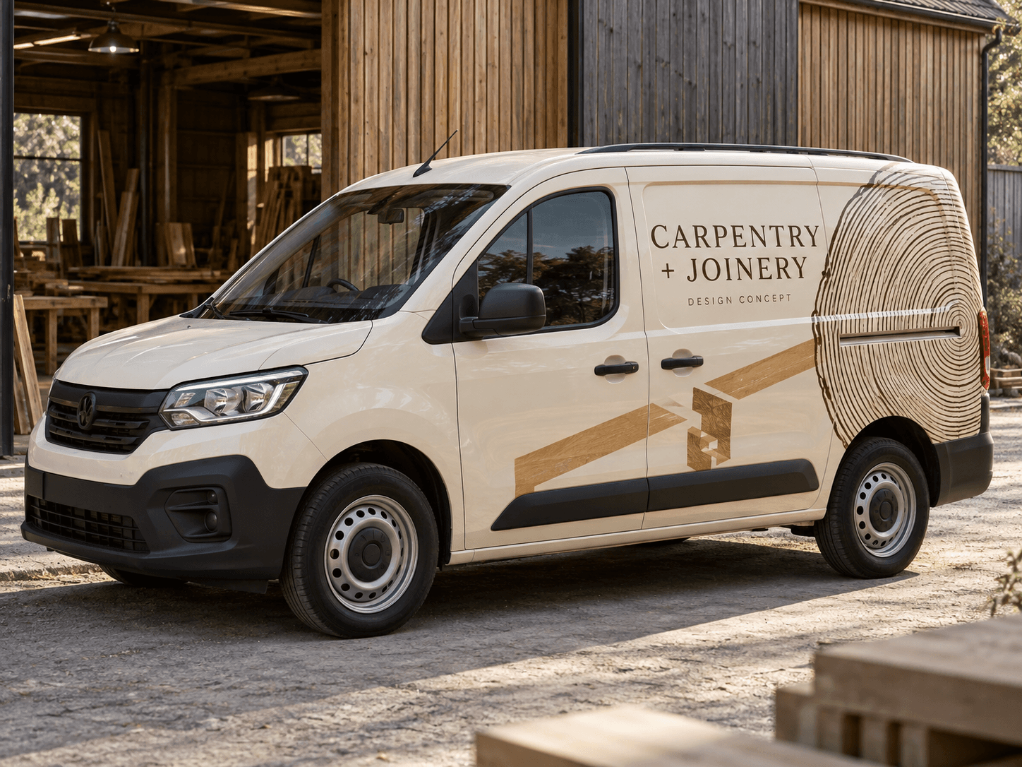 Original AI carpentry & joinery van concept: timber-ring study; generic trade lettering, no business branding