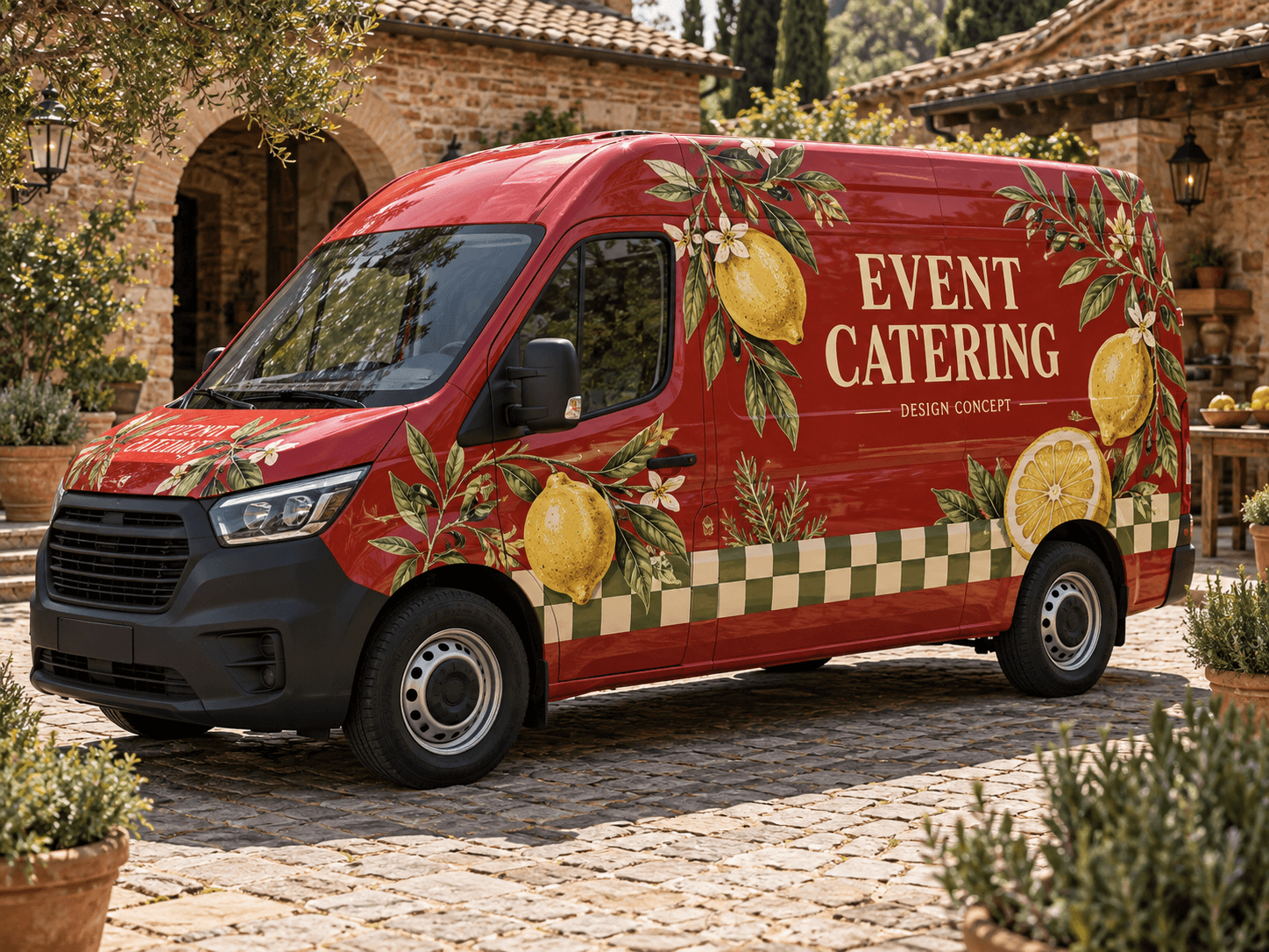 Original AI catering van concept: tomato & herbs; generic trade lettering, no business branding