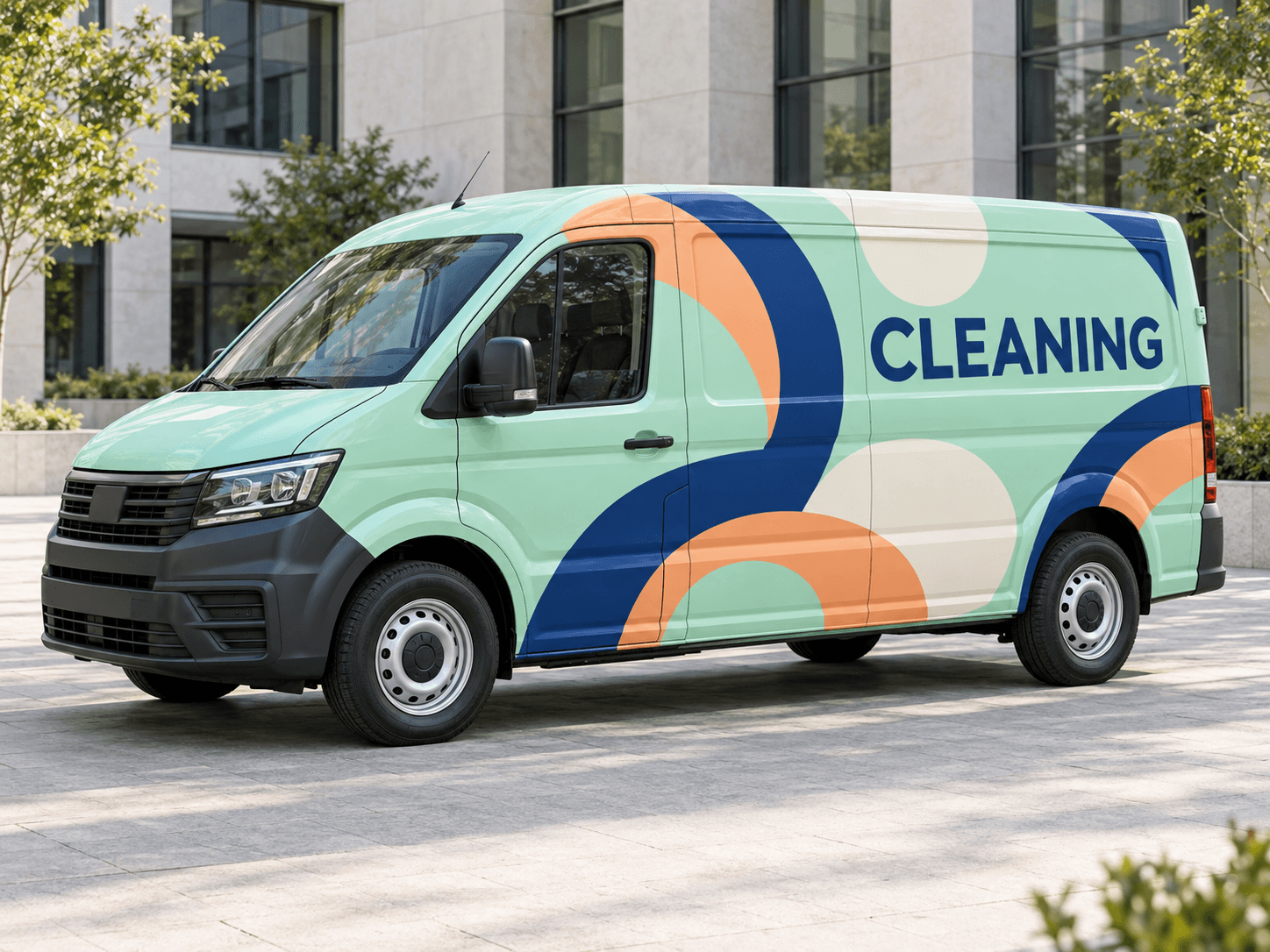 Original AI cleaning company van concept: fresh geometry; generic trade lettering, no business branding