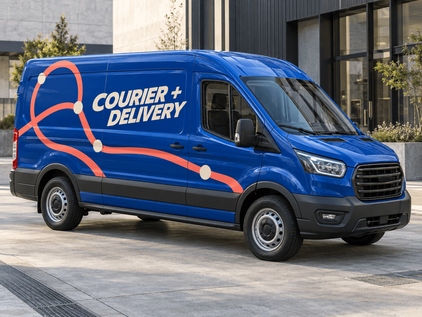 Original AI courier & delivery van concept: route in motion; generic trade lettering, no business branding