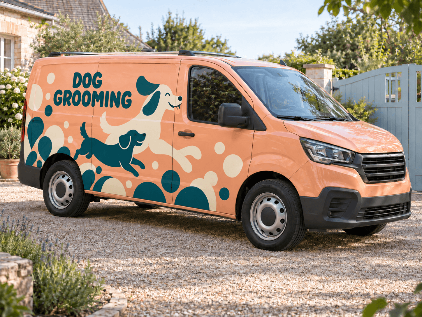Original AI mobile dog grooming van concept: peach & paws; generic trade lettering, no business branding