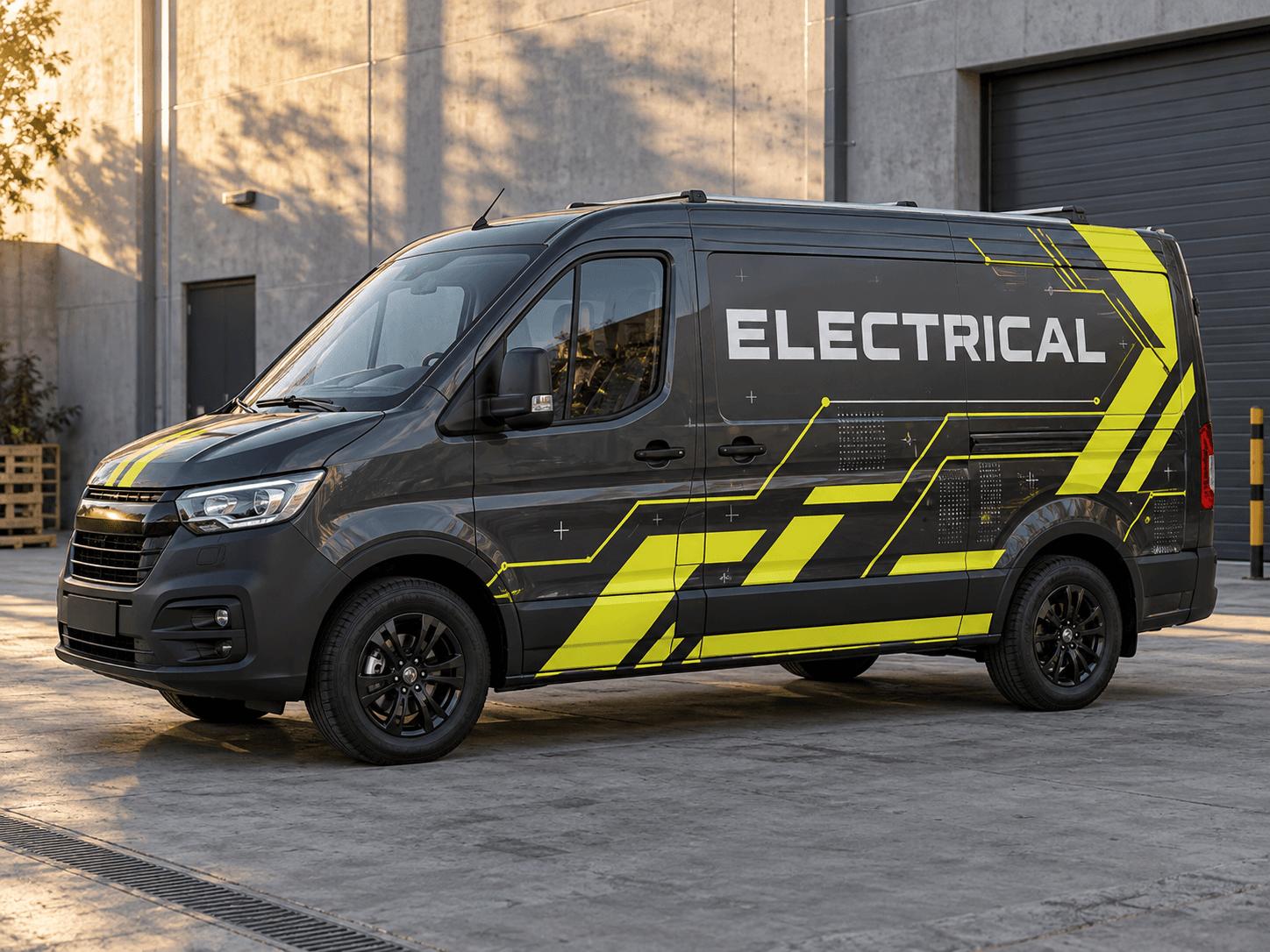 Original AI electrician van concept with charcoal bodywork, yellow circuit graphics and generic Electrical lettering