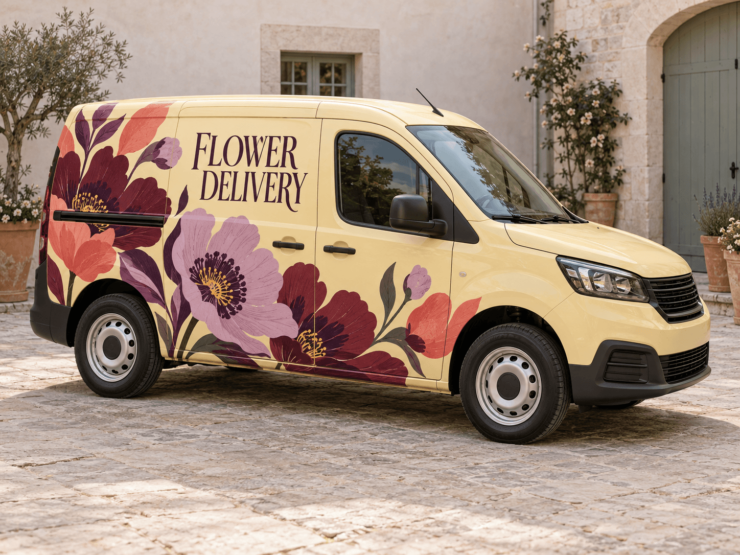 Original AI florist van concept: paper-petal garden; generic trade lettering, no business branding