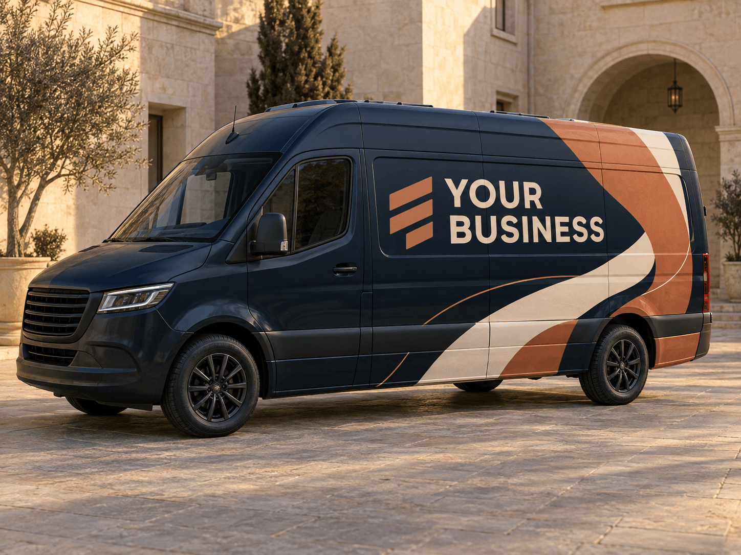 Original AI van wrap concept with navy, copper and cream ribbons and generic Your Business lettering
