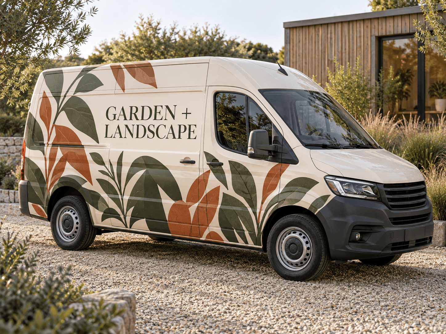 Original AI landscaping van concept with olive and terracotta botanical silhouettes and generic Garden and Landscape lettering