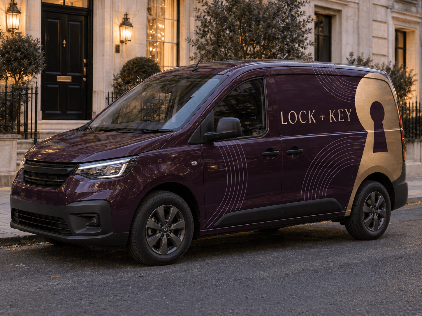 Original AI locksmith van concept: brass keyhole; generic trade lettering, no business branding