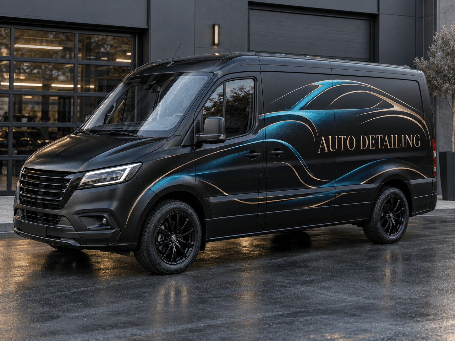 Original AI mobile valeting & detailing van concept: midnight contours; generic trade lettering, no business branding