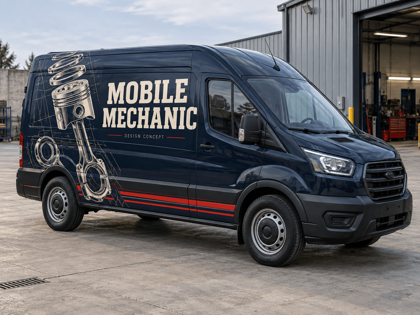 Original AI mobile mechanic van concept: workshop blueprint; generic trade lettering, no business branding