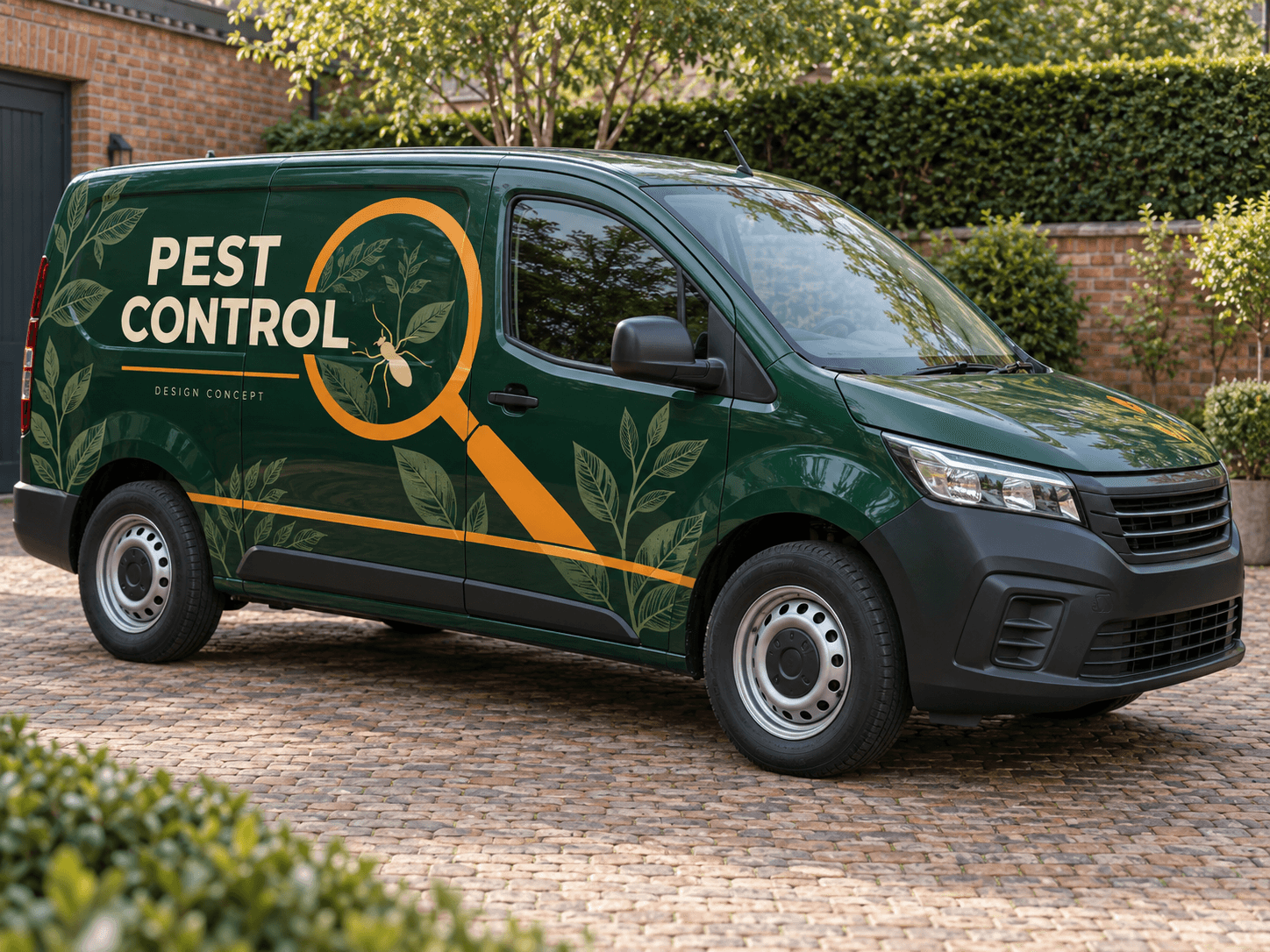 Original AI pest control van concept: inspection circle; generic trade lettering, no business branding