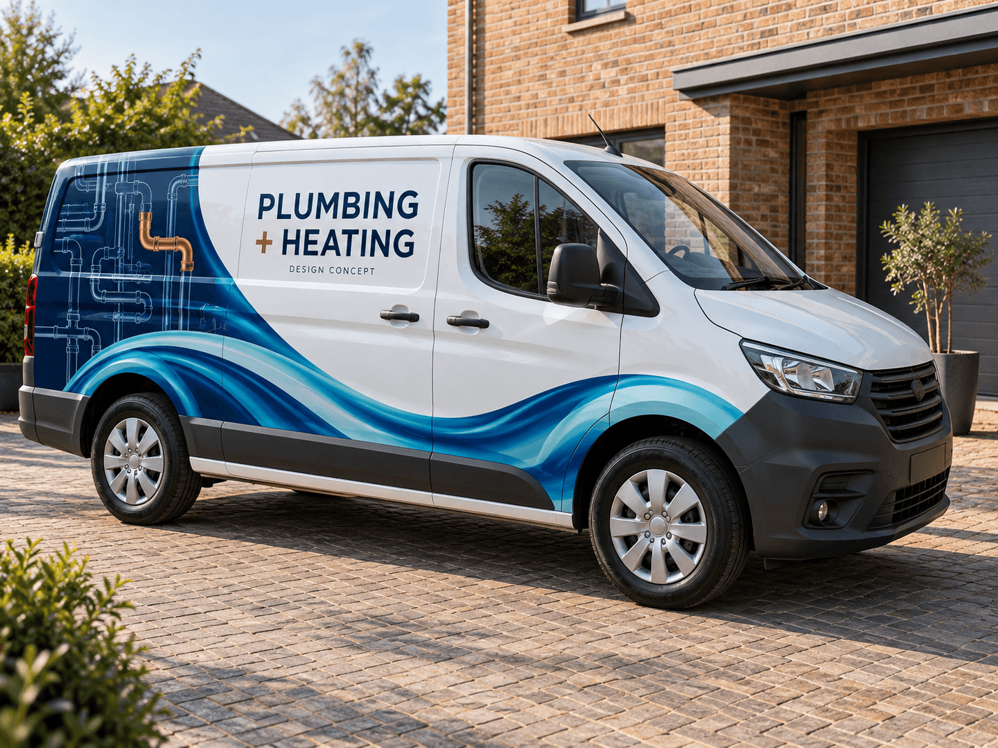 Original AI plumbing van concept with cobalt water ribbons, pipe illustrations and generic Plumbing and Heating lettering