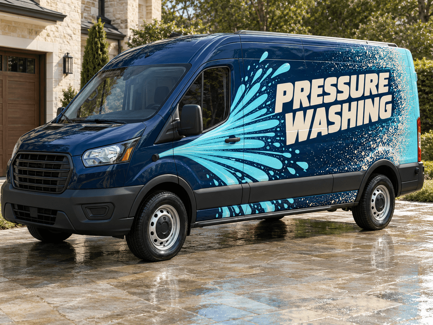 Original AI pressure washing van concept: the clean sweep; generic trade lettering, no business branding
