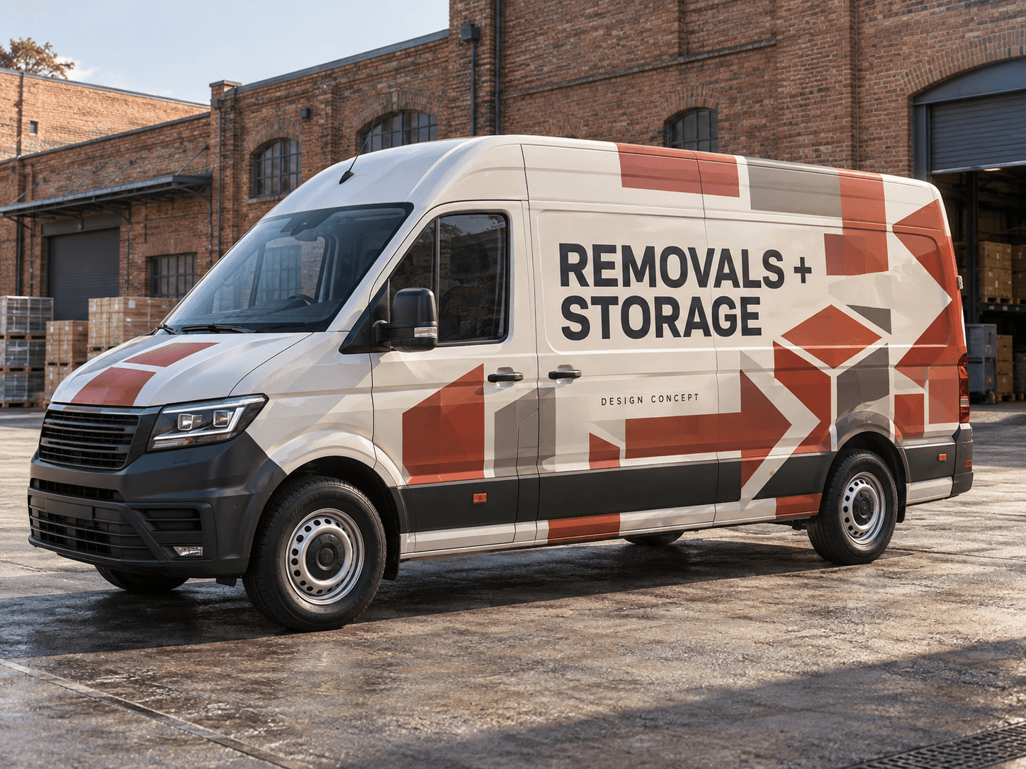 Original AI removals & storage van concept: moving blocks; generic trade lettering, no business branding