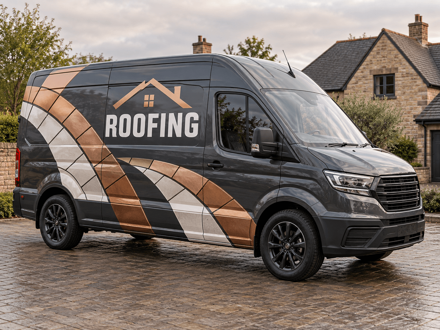 Original AI roofing van concept: copper tile rhythm; generic trade lettering, no business branding