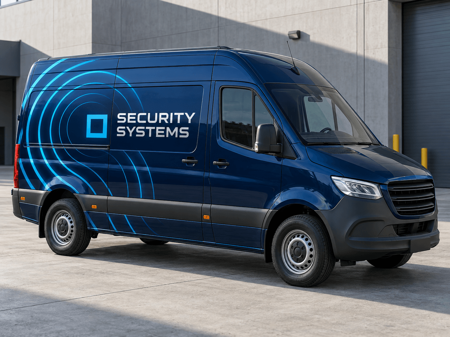 Original AI security installer van concept: cyan signal; generic trade lettering, no business branding