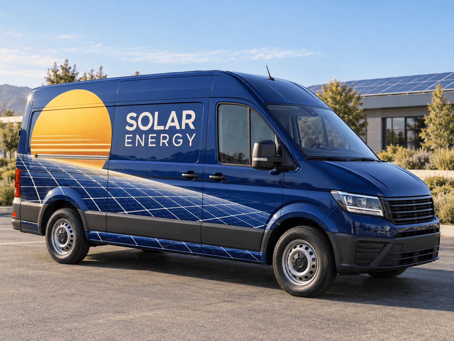 Original AI solar installer van concept: sunrise grid; generic trade lettering, no business branding