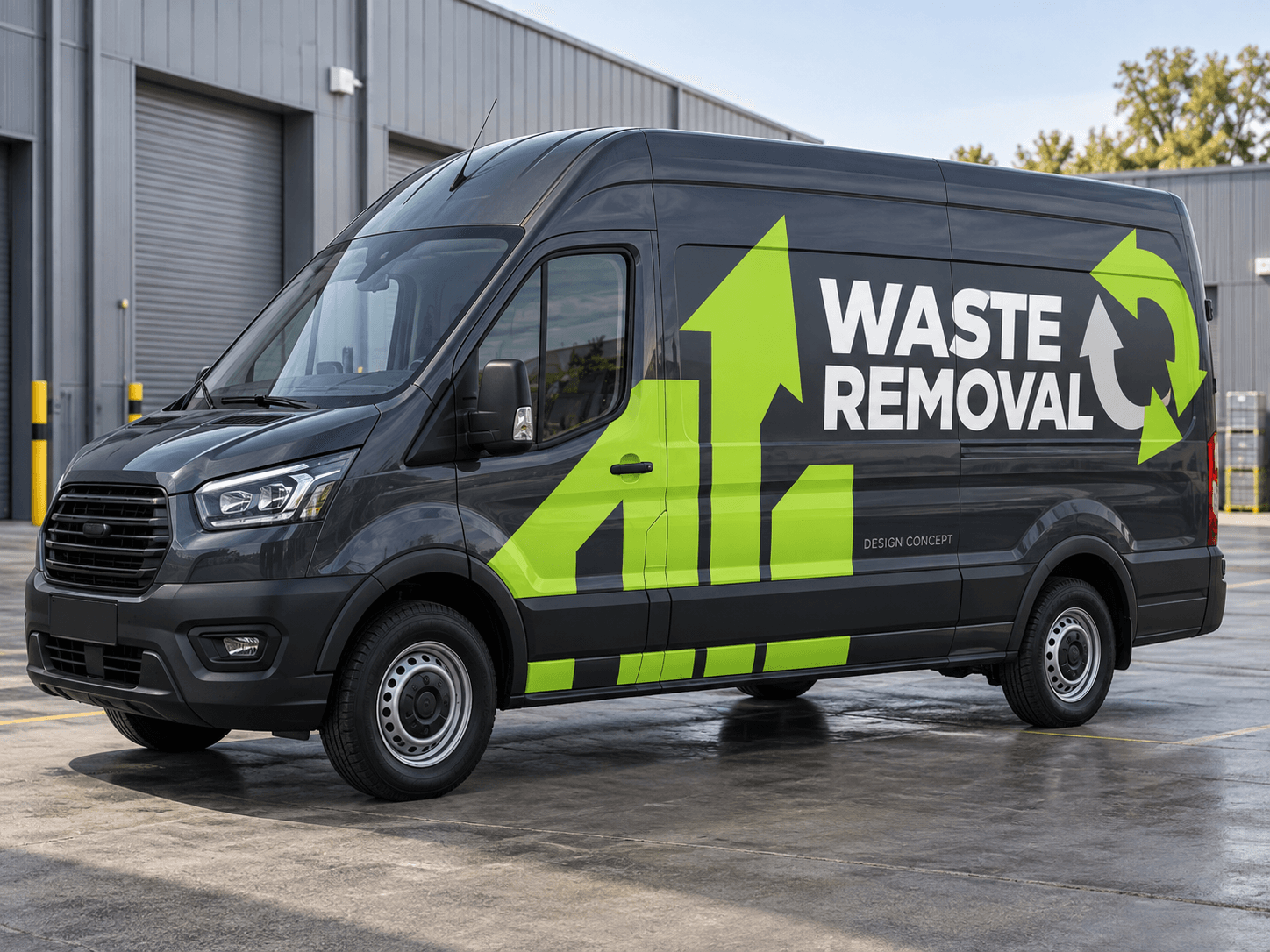 Original AI waste removal van concept: lime modular lift; generic trade lettering, no business branding