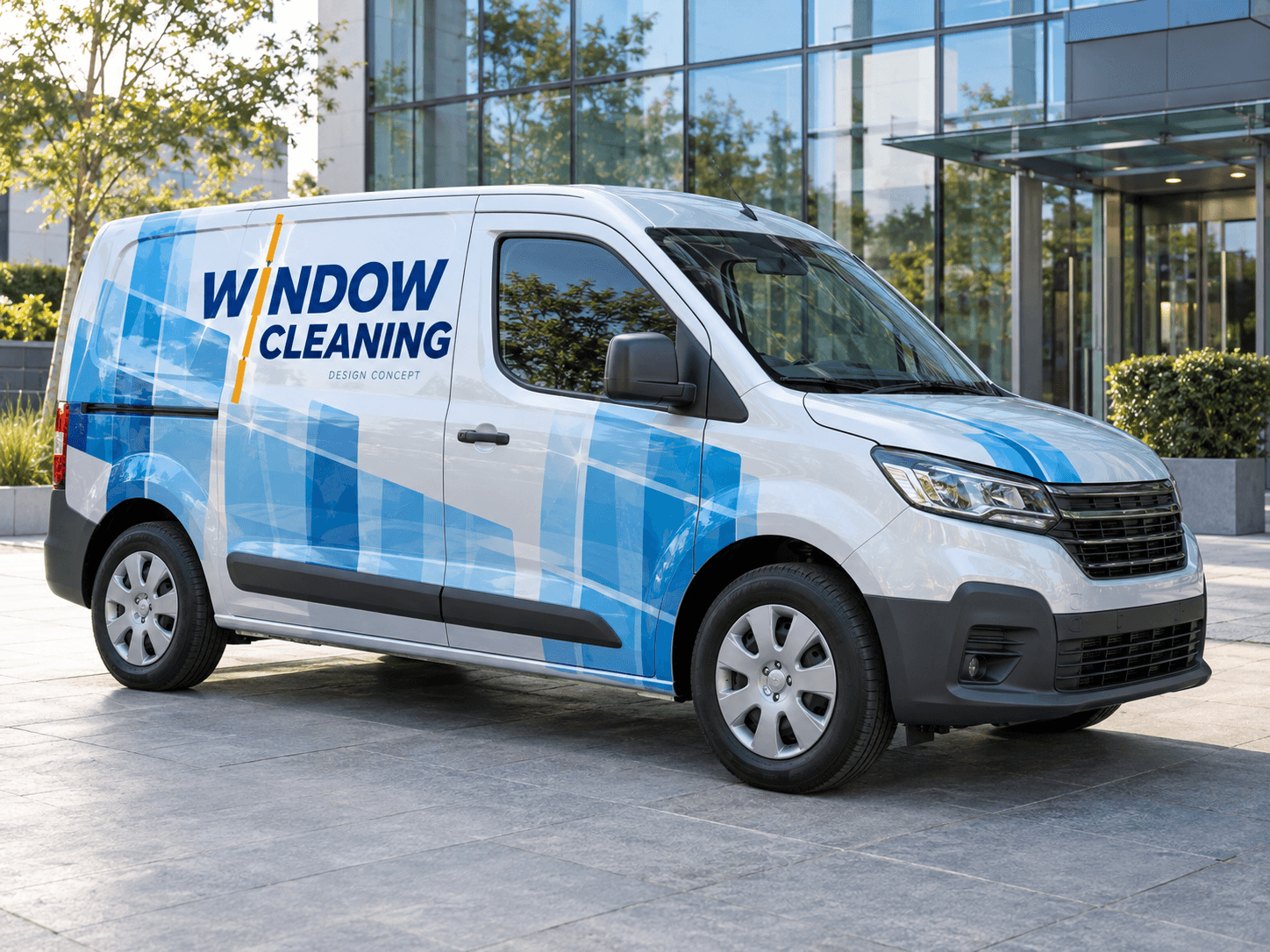 Original AI window cleaning van concept: glass-panel geometry; generic trade lettering, no business branding