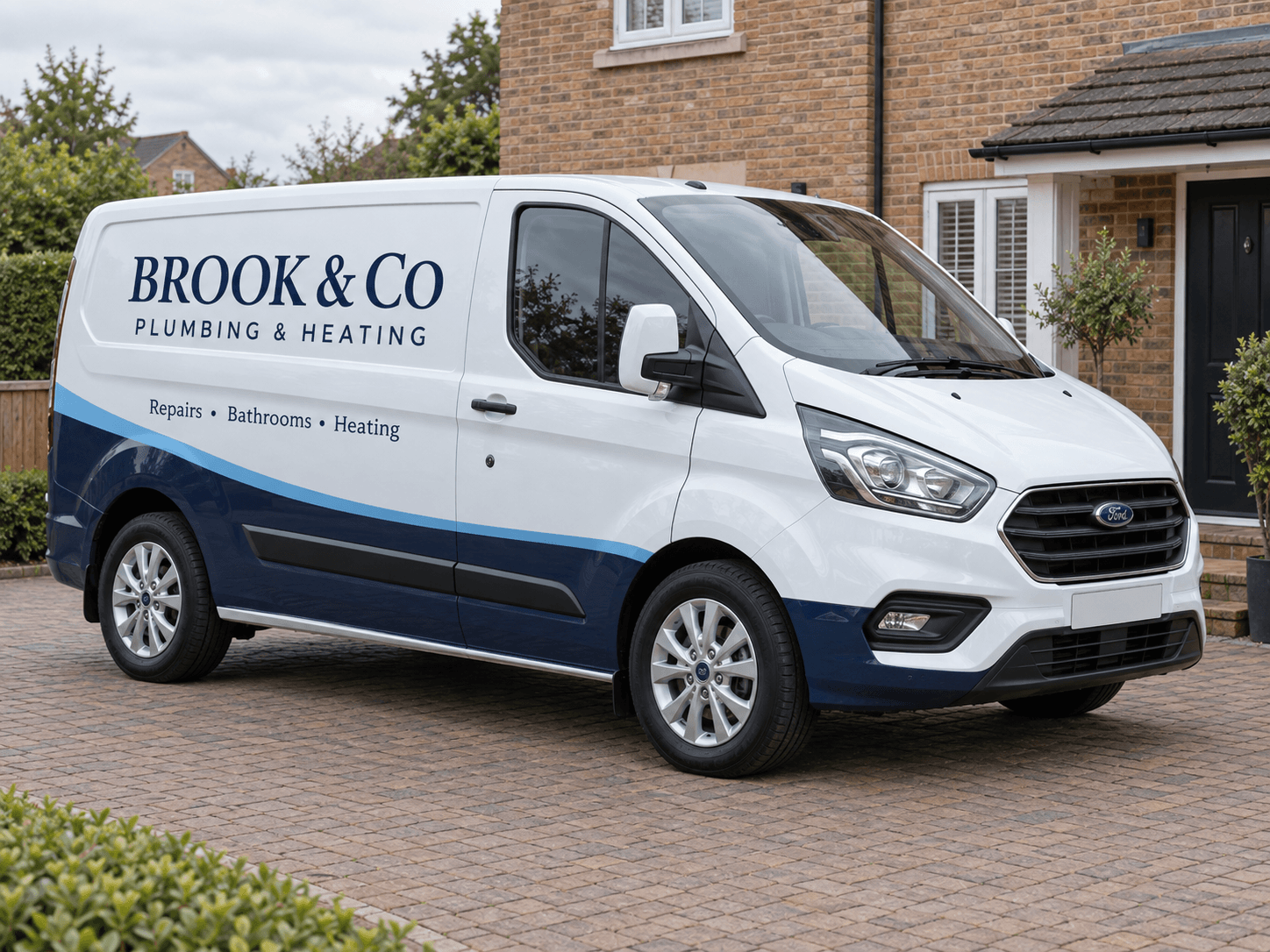 AI plumbing van signage concept for fictional Brook & Co with navy and blue graphics