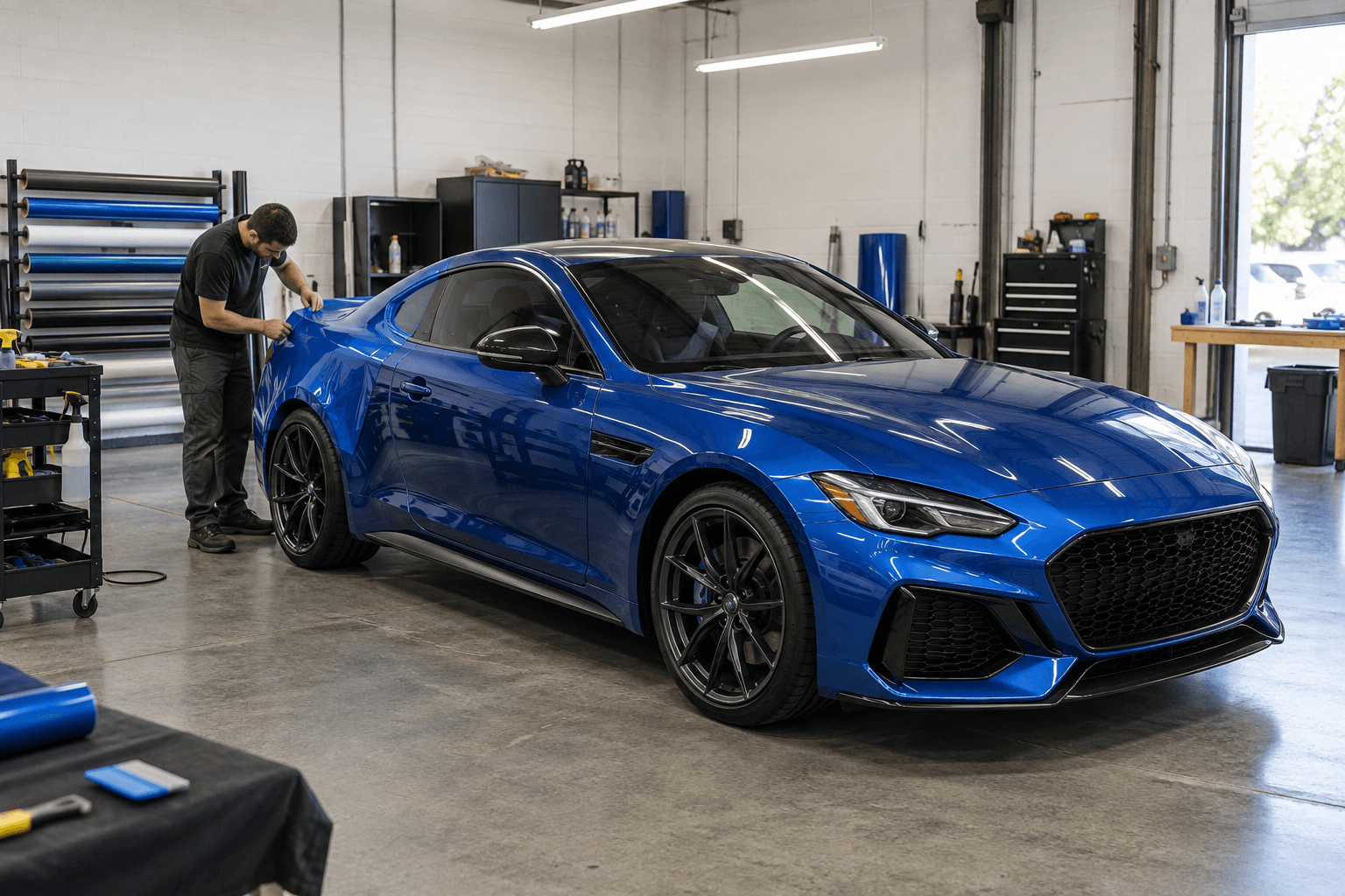 Illustrative blue sports car being wrapped inside a vehicle graphics workshop