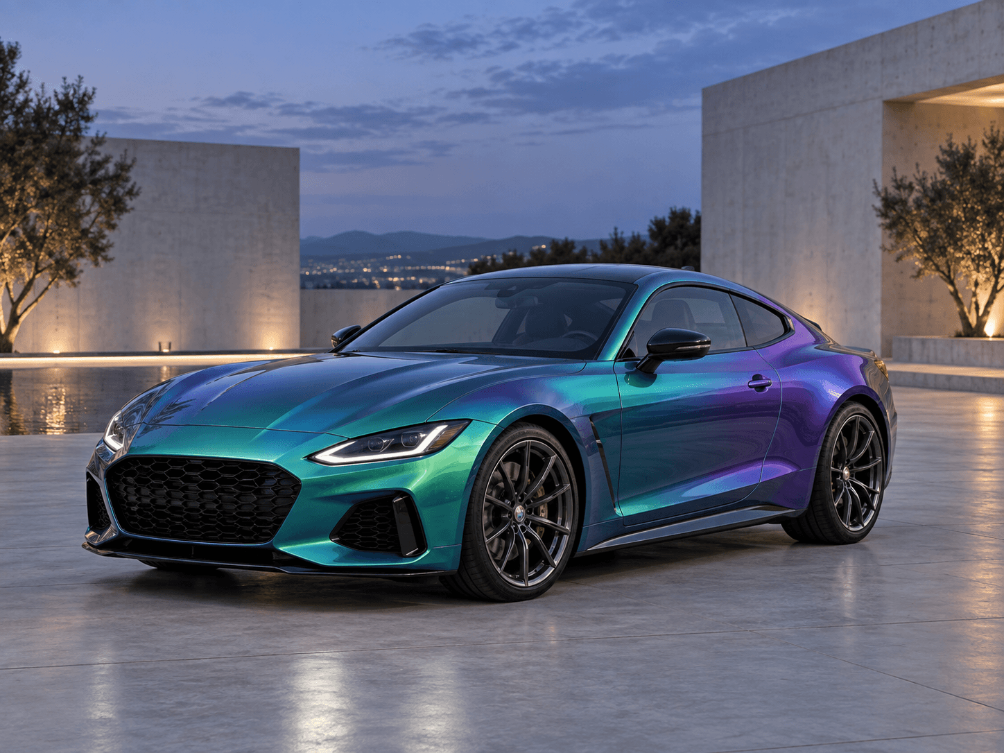 Sports coupe with a teal-to-violet colour-shift car wrap in a concrete courtyard
