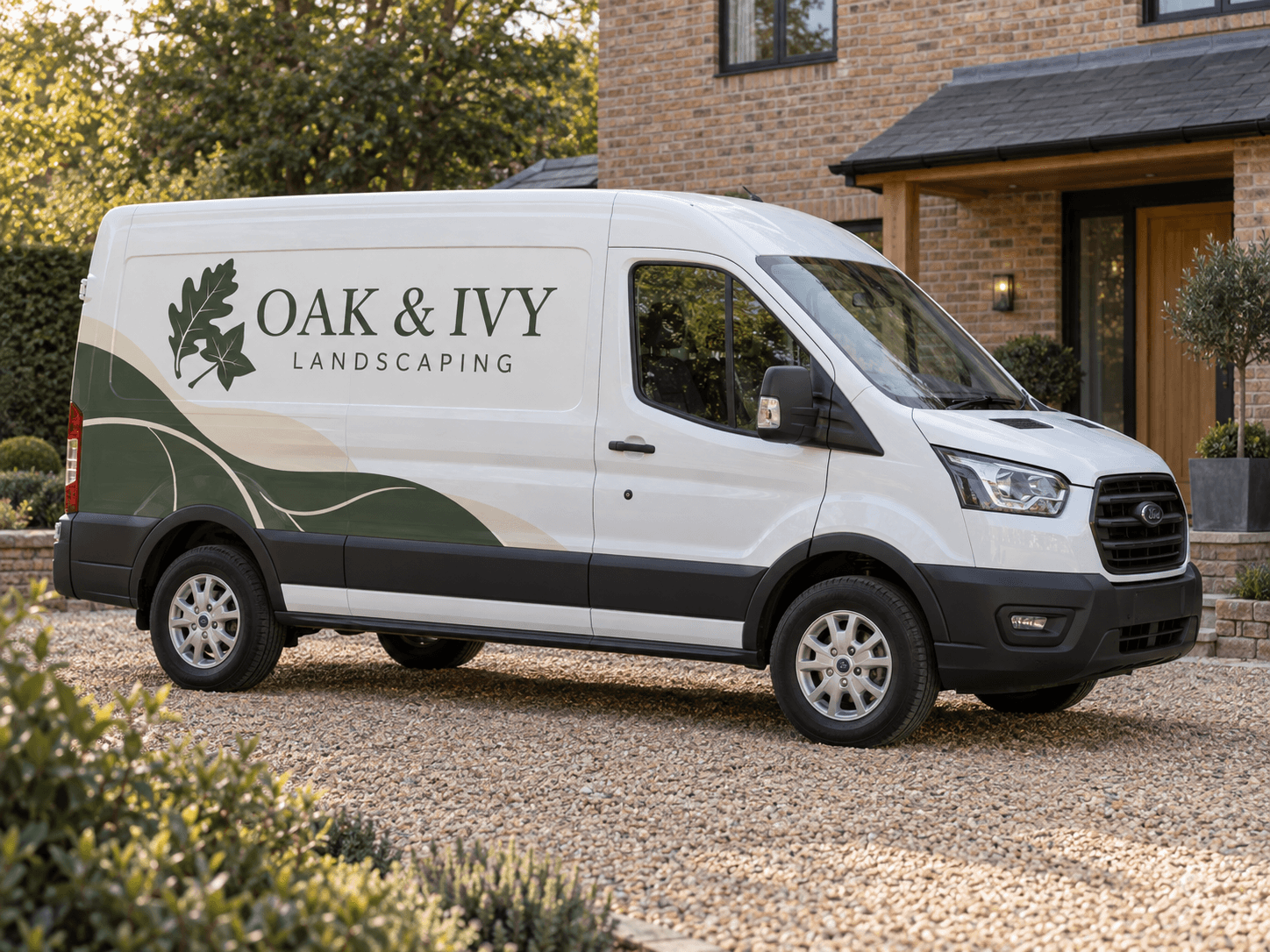 White landscaping van with forest-green Oak & Ivy business signage